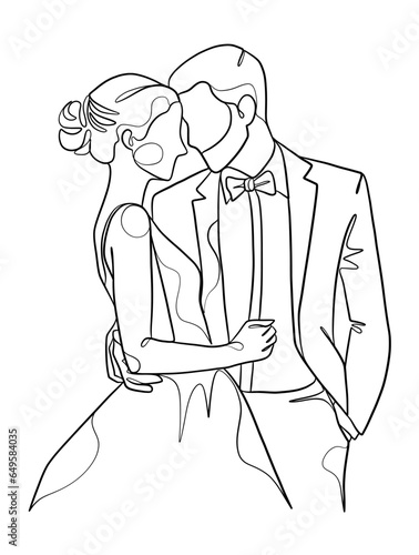 Continuous one line drawing of a wedding couple. Vector illustration.