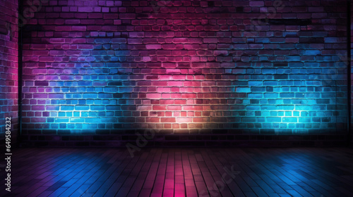 Background of an empty room with brick walls and neon lights iridescent