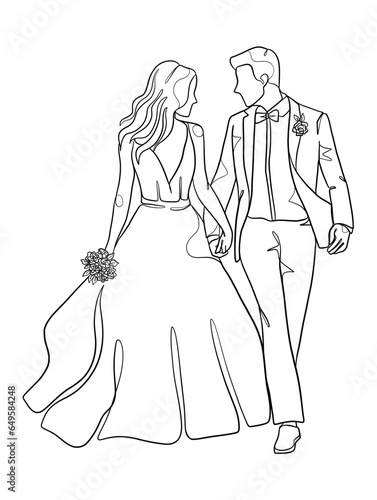 Continuous one line drawing of a wedding couple. Vector illustration.