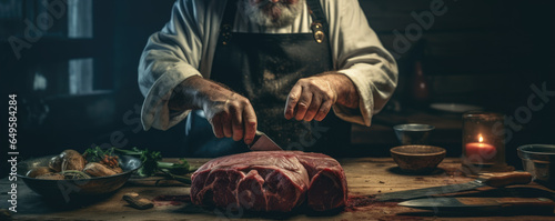 Butcher in work, beef meat withhout bone on a wooden cutting board. copy space for text.