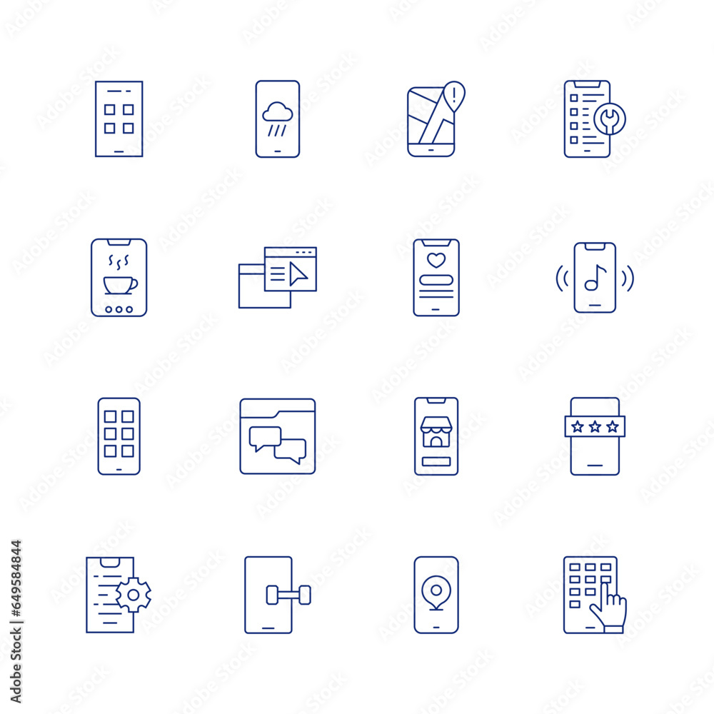Application line icon set on transparent background with editable stroke. Containing app, apps, chat, coding, fitness app, gps, mobile app, online shop, phone, service, smartphone, taxi.