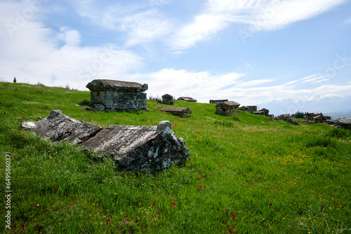 Hierapolis in Pamukkale. Ancient, aged stone tombs from lycia photo