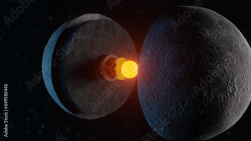 3D cross-section animation showing the Moon's interior, iron core, crust and mantle photo