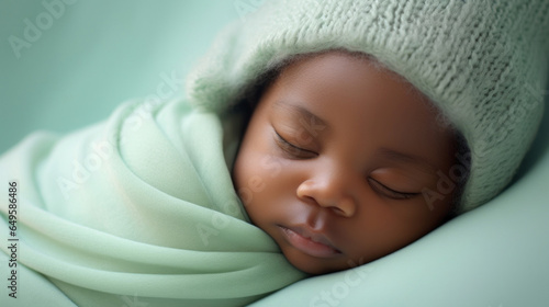 Sleeping african american baby on soft green background photo