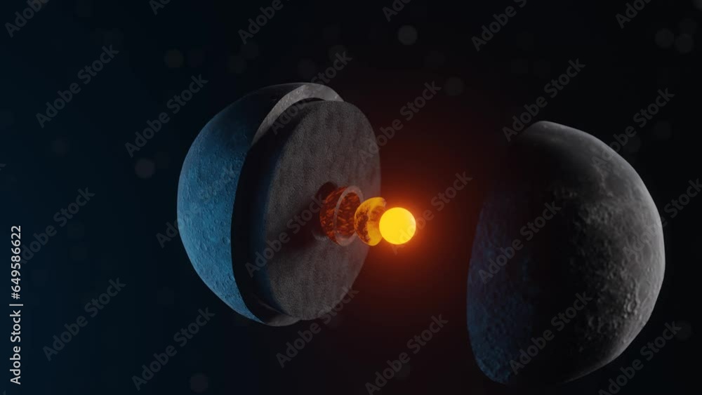 3D cross-section animation showing the Moon's interior, iron core ...