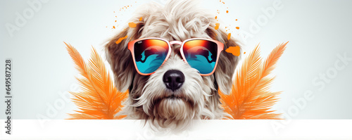 Cool dog head with sunnglases on white background. happy color wide photo. photo