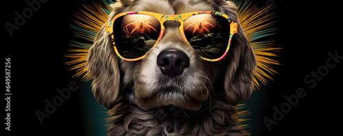 Cool dog head with sunnglases on black background, happy color wide photo.