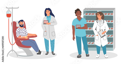 Man volunteer and laboratory medical worker at blood donation center