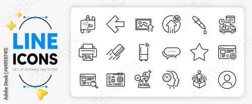 Star, 5g upload and Delivery line icons set for app include Chemistry pipette, Dots message, Refrigerator outline thin icon. Left arrow, Upload photo, Journey path pictogram icon. Vector