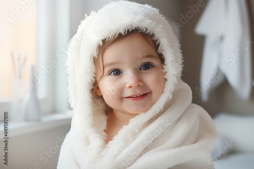 Happy baby girl wearing white hooded towel sitting on the bed after bath