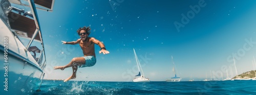 A thrilling image capturing a moment of pure summer joy, as an individual takes a daring leap from a boat into the crystal clear blue waters below. The essence of summer fun and adventure. © TensorSpark