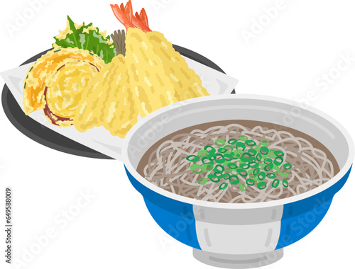 蕎麦と、天ぷらの盛り合わせのイラスト