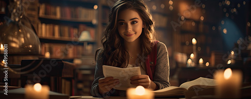 young beautiful woman reading a book in cozy room,