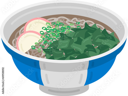 温かい、ワカメ蕎麦のイラスト