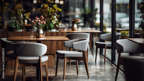 tables and chairs, Luxurious cafe with a gray wooden table and chairs,Ai Generate 