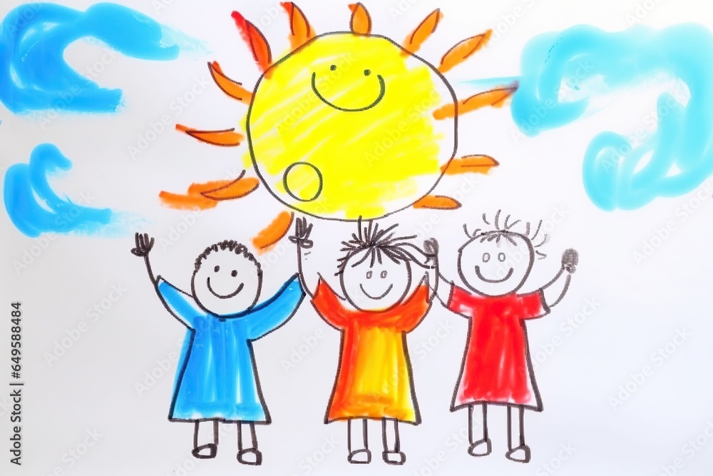 Children pencil drawing, Happy children and big sun. Bright colors. Generative AI illustration. Family and happiness concept Children pencil drawing, Happy children and big sun. Bright colors. Generative AI illustration. Family and happiness concept