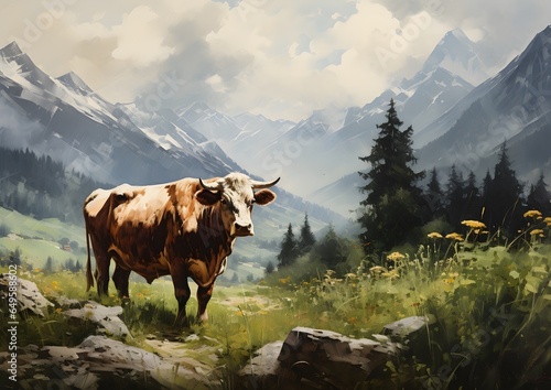 Cow in a Forest with mountains Oil Painting artwork, wall art, illustration, High resolution, Printable