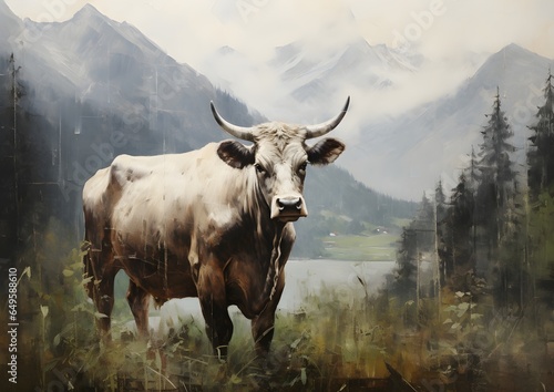 Cow in a Forest with mountains Oil Painting artwork  wall art  illustration  High resolution  Printable