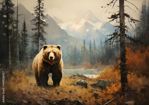 Bear in a Forest with mountains Oil Painting artwork, wall art, illustration, High resolution, Printable