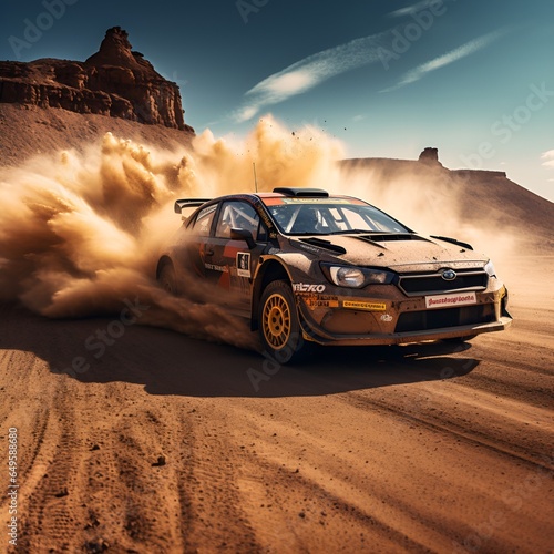 rally car on dusty desert road, ai generative photo