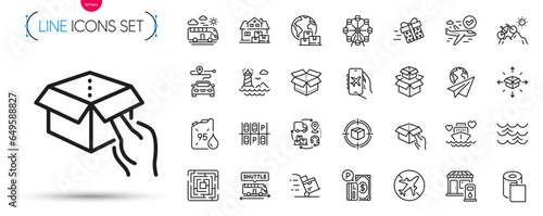 Pack of Present delivery, Honeymoon cruise and Petrol canister line icons. Include Parcel delivery, Paper wallpaper, Lighthouse pictogram icons. Home moving, Shuttle bus, Paper plane signs. Vector