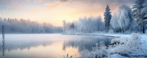 Beautiful winter scenery and ice in color sunset lights. wide banner
