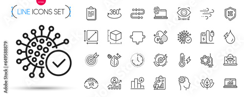 Pack of Computer fingerprint, Square area and Coronavirus vaccine line icons. Include Cobalamin vitamin, Qr code, Package size pictogram icons. Puzzle, Coronavirus, Methodology signs. Vector