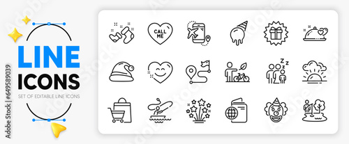 Journey, Smile chat and Travel passport line icons set for app include Romantic dinner, Eco bike, Fireworks stars outline thin icon. Boat fishing, Santa hat, Surprise gift pictogram icon. Vector