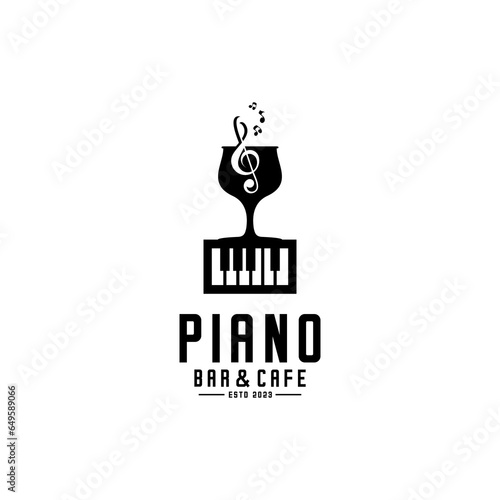piano bar logo, vector of a glass of wine on a piano keyboard decorated with musical instruments