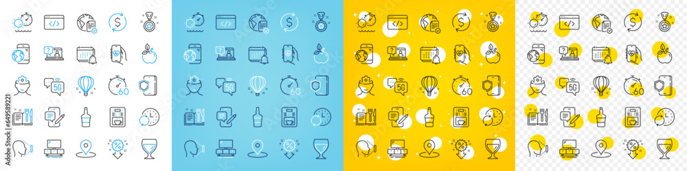Vector icons set of Health app, Wine glass and Dollar exchange line icons pack for web with Scotch bottle, Brain working, Face id outline icon. Update time, Air balloon, Eco food pictogram. Vector Vector icons set of Health app, Wine glass and Dollar exchange line icons pack for web with Scotch bottle, Brain working, Face id outline icon. Update time, Air balloon, Eco food pictogram. Vector