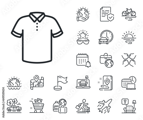 Tee shirt wear sign. Plane jet, travel map and baggage claim outline icons. T-shirt line icon. Fabric sport clothes symbol. T-shirt line sign. Car rental, taxi transport icon. Place location. Vector