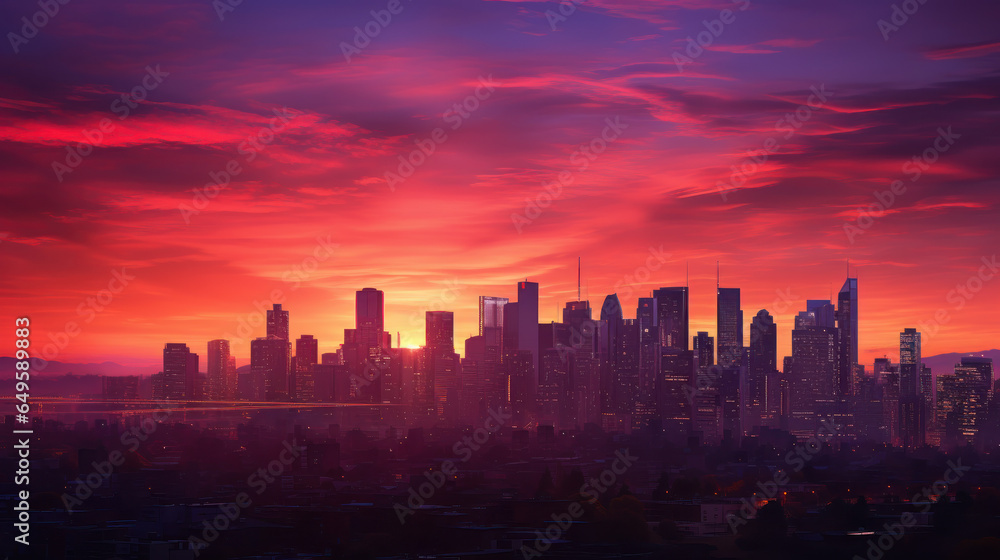 Cityscape Silhouette with Skyscrapers Backlit by a Vibrant Sunset.