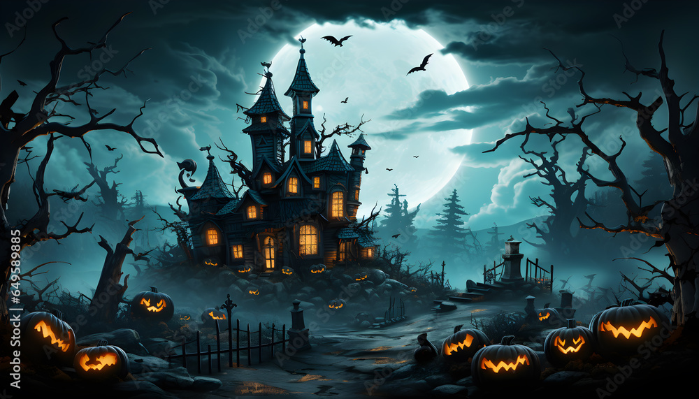 Full moon nighttime,dark landscape castles and graveyards filled, ghostly mystical fog,bats flying in sky,pumpkin heads and dead trees,candles lights,concept halloween night,generator AI illustration