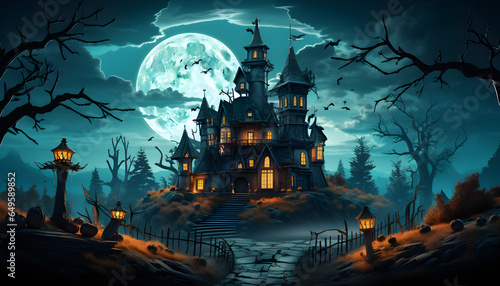 Full moon nighttime,dark landscape castles and graveyards filled, ghostly mystical fog,bats flying in sky,pumpkin heads and dead trees,candles lights,concept halloween night,generator AI illustration © ART STOCK CREATIVE
