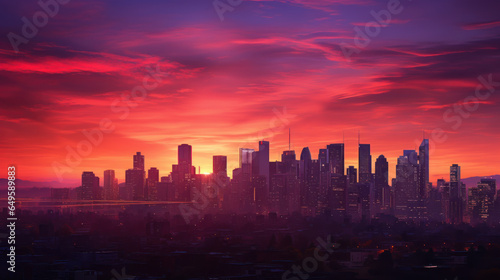Cityscape Silhouette with Skyscrapers Backlit by a Vibrant Sunset.