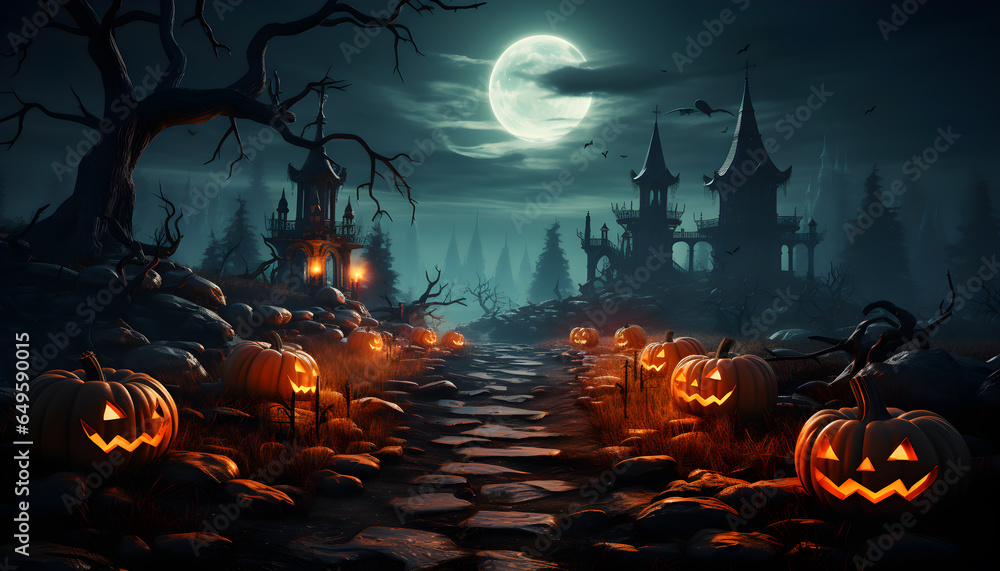 Scary pumpkins stack,full moon nighttime,dark landscape castle and graveyards filled background,ghostly mystical fog,bats flying in sky,candles lights,concept halloween night,generator AI illustration Scary pumpkins stack,full moon nighttime,dark landscape castle and graveyards filled background,ghostly mystical fog,bats flying in sky,candles lights,concept halloween night,generator AI illustration