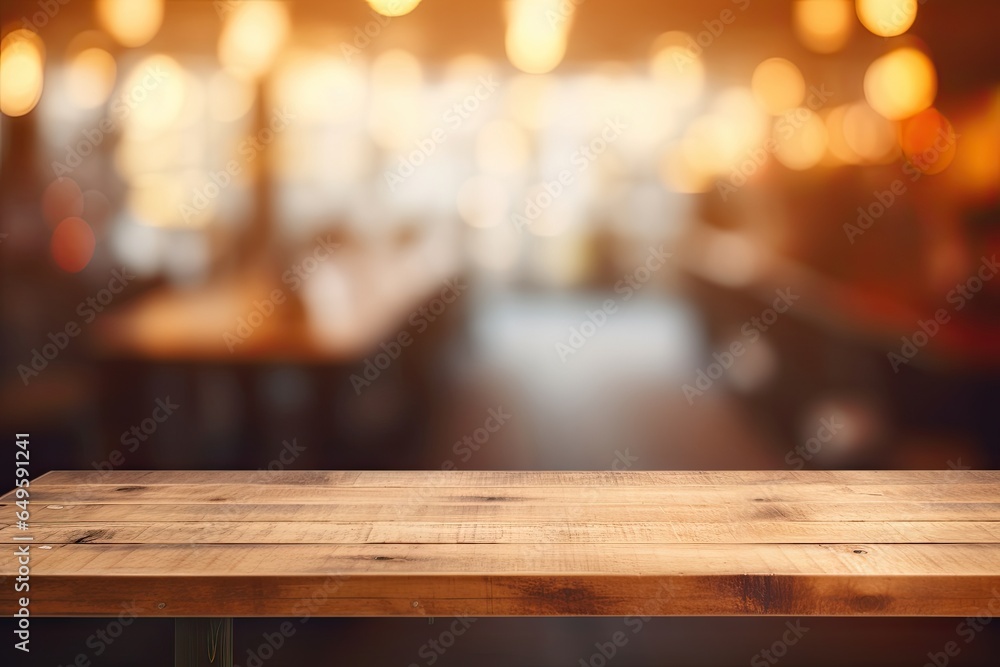 Rustic elegance. Empty wooden table on blurred interior serenity. Cozy cafe ambience. Glimpse into modern wood decor. Business buzz Rustic elegance. Empty wooden table on blurred interior serenity. Cozy cafe ambience. Glimpse into modern wood decor. Business buzz