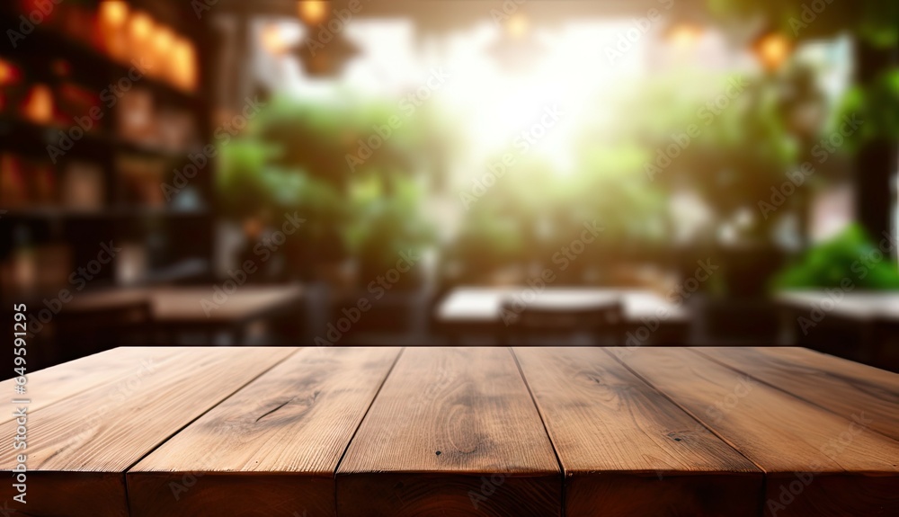 Rustic elegance. Empty wooden table on blurred interior serenity. Cozy cafe ambience. Glimpse into modern wood decor. Business buzz Rustic elegance. Empty wooden table on blurred interior serenity. Cozy cafe ambience. Glimpse into modern wood decor. Business buzz