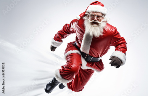 Santa Claus dashes energetically with his sack against a pristine white background, Generative AI.