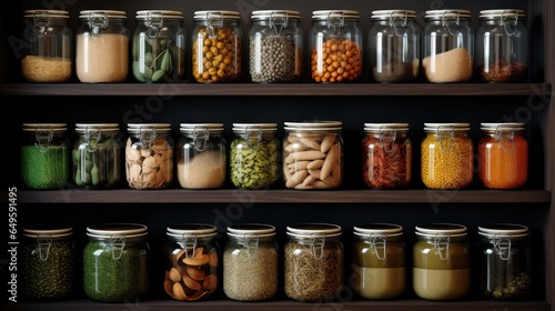 Collection of glass and metal containers, filled with bulk foods, line the wooden shelves