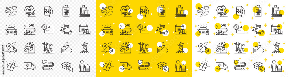 Outline Baggage reclaim, Hold box and Cardboard box line icons pack for web with Car wash, Home moving, Gift line icon. Travel path, Flight mode, Delivery pictogram icon. Vector Outline Baggage reclaim, Hold box and Cardboard box line icons pack for web with Car wash, Home moving, Gift line icon. Travel path, Flight mode, Delivery pictogram icon. Vector