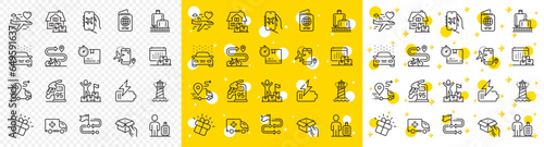 Outline Baggage reclaim, Hold box and Cardboard box line icons pack for web with Car wash, Home moving, Gift line icon. Travel path, Flight mode, Delivery pictogram icon. Vector