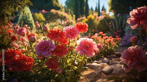 Garden in full bloom, with flowers of every conceivable color, radiates life and exuberance in the midday sun.