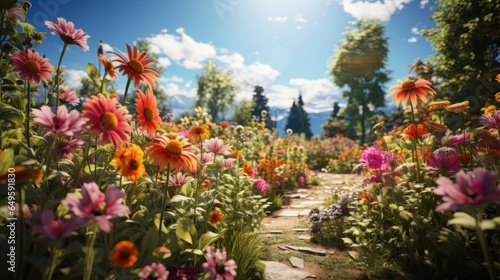 Garden in full bloom, with flowers of every conceivable color, radiates life and exuberance in the midday sun.