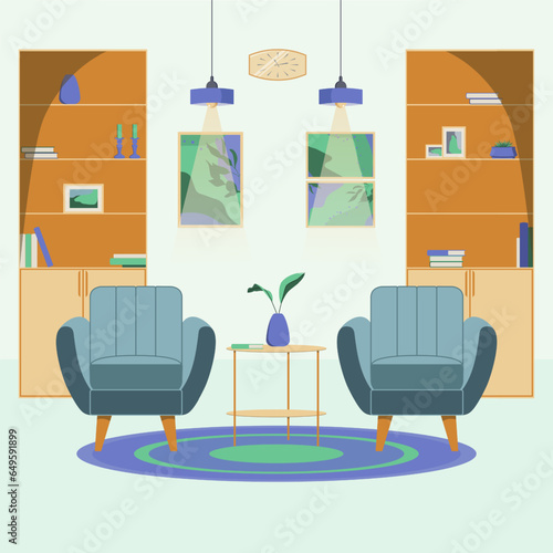 Mid century style living room interior design in violet and green with blue armchairs, bookcases, ceiling lightс, wall art сет, coffe table and shelf decor stuffs. Flat illustration for your projects