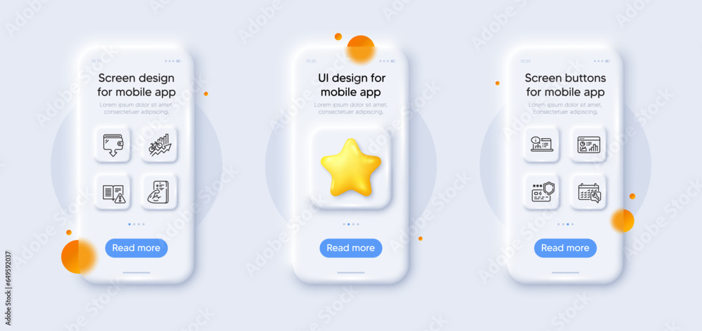 Spanner, Training results and Online documentation line icons pack. 3d phone mockups with star. Glass smartphone screen. Wallet, Fitness, Instruction manual web icon. Vector Spanner, Training results and Online documentation line icons pack. 3d phone mockups with star. Glass smartphone screen. Wallet, Fitness, Instruction manual web icon. Vector