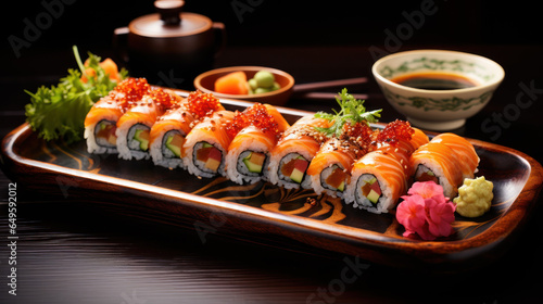 A plate of freshly prepared sushi, with a side of wasabi, pickled ginger, and a drizzle of soy sauce, set on a bamboo mat.
