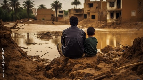 A father and son sitting on the ruins of their home