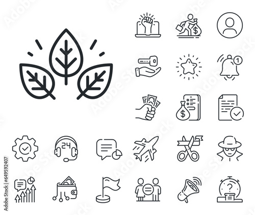 Bio cosmetics sign. Salaryman  gender equality and alert bell outline icons. Organic tested line icon. Fair trade symbol. Organic tested line sign. Spy or profile placeholder icon. Vector