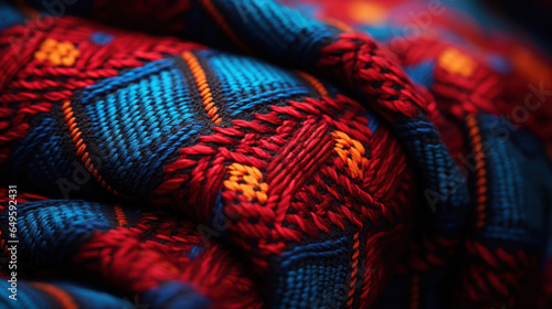 Close-up of the detailed patterns and designs of traditional hand-woven fabric.